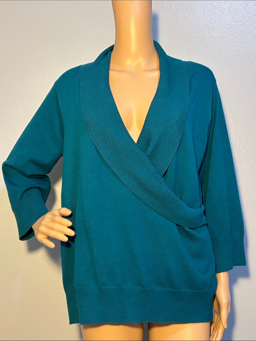 NWT Teal Shawl Collar Faux Wrap Style Women's 3/4 Length Sleeve Sweater